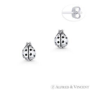 Ladybug Insect Lady-Luck Charm Stud Earrings in Oxidized .925 Sterling Silver